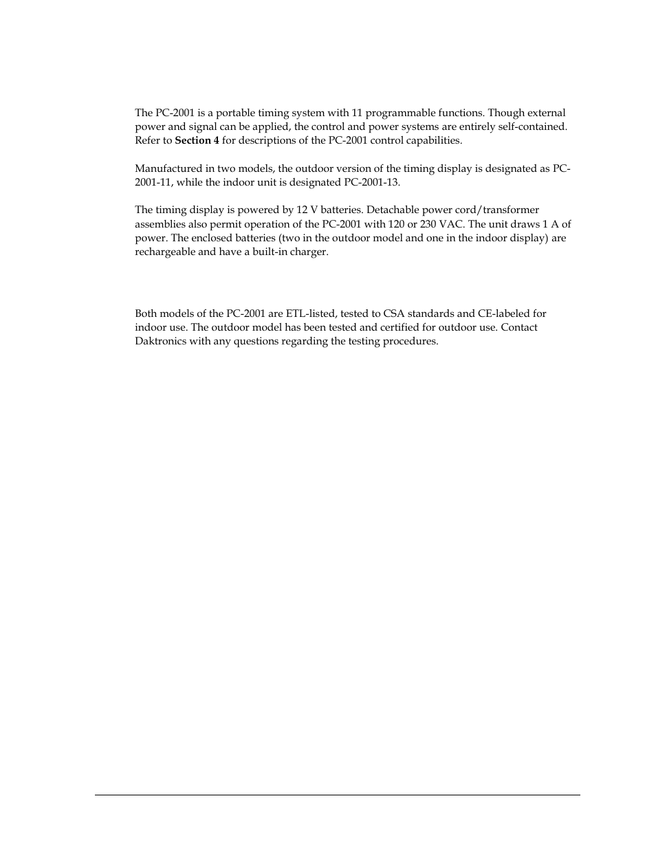 4 display overview, 5 product safety approval, Display overview | Product safety approval | Daktronics PC-2001 Pace Clock System User Manual | Page 9 / 40