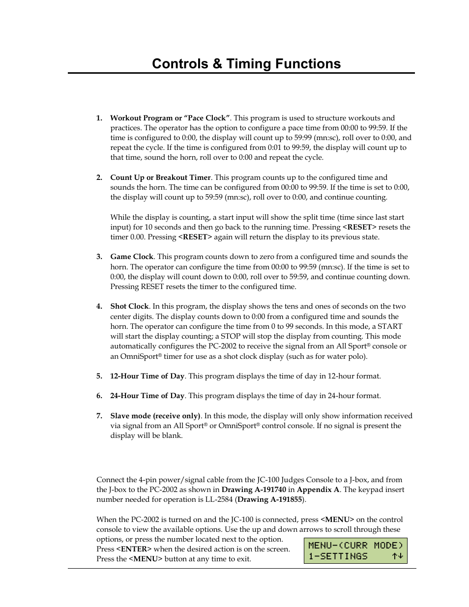 Section 4: controls & timing functions, 1 program operations, 2 jc-100 console operation | Section 4, Controls & timing functions, Program operations, Jc-100 console operation | Daktronics PC-2002 Pace Clock System User Manual | Page 13 / 32