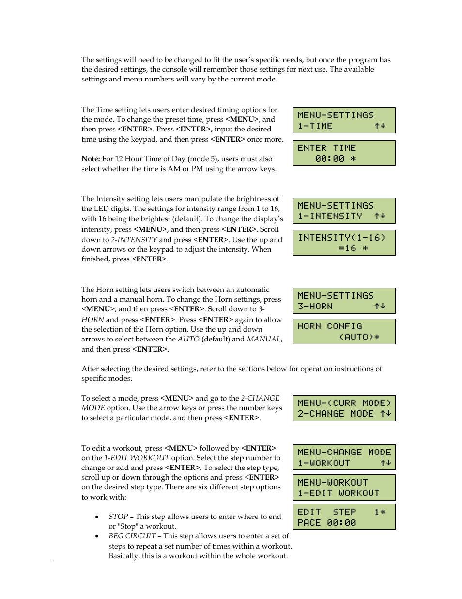 Time, Intensity, Horn | Mode #1: workout | Daktronics PC-2002 Pace Clock System User Manual | Page 14 / 32