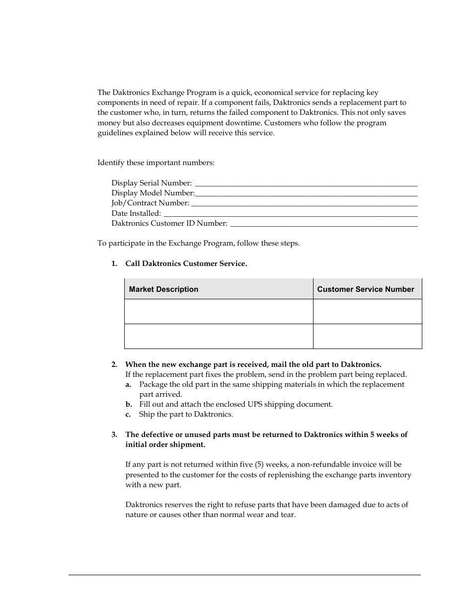 5 daktronics exchange and repair & return programs, Exchange program, Before contacting daktronics | Daktronics exchange and repair & return programs | Daktronics PC-2002 Pace Clock System User Manual | Page 21 / 32