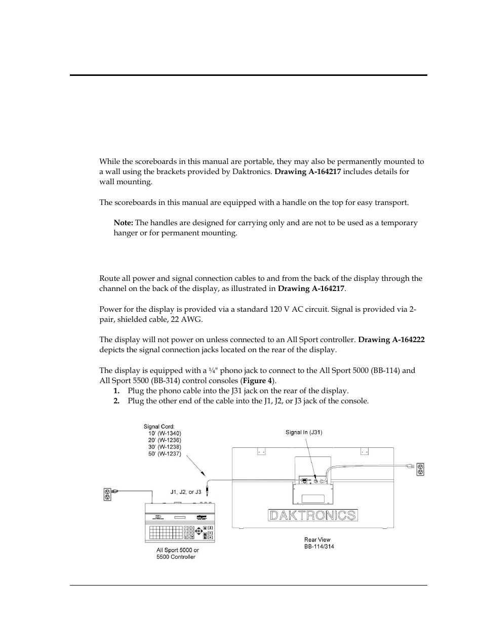 Section 3: mechanical & electrical installation, 1 mechanical installation, 2 power & signal | Section 3, Mechanical & electrical installation, Mechanical installation, Power & signal | Daktronics BB-114 Portable LED Basketball Scoreboard User Manual | Page 13 / 28