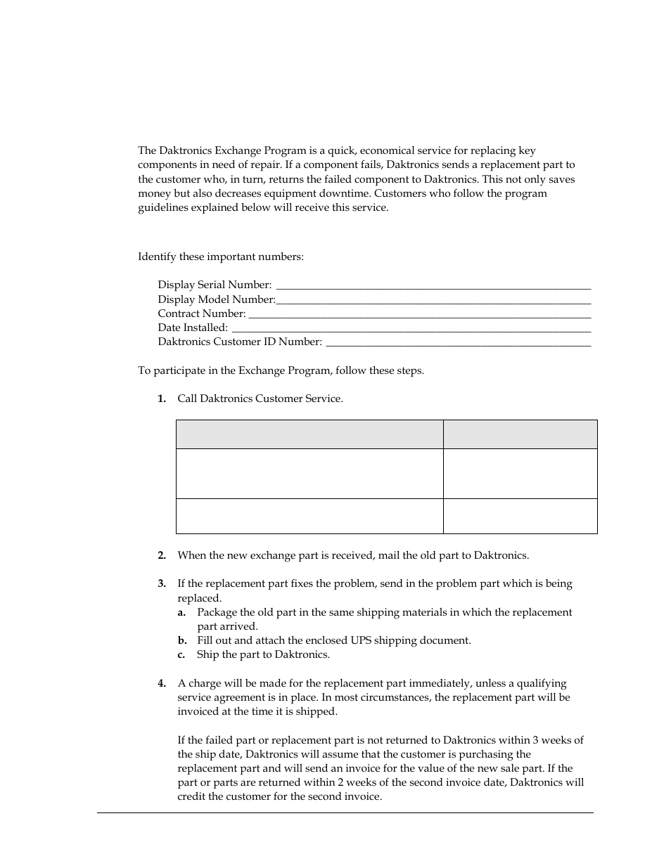 5 daktronics exchange and repair & return programs, Exchange program, Before contacting daktronics | Daktronics exchange and repair & return programs | Daktronics BB-114 Portable LED Basketball Scoreboard User Manual | Page 17 / 28