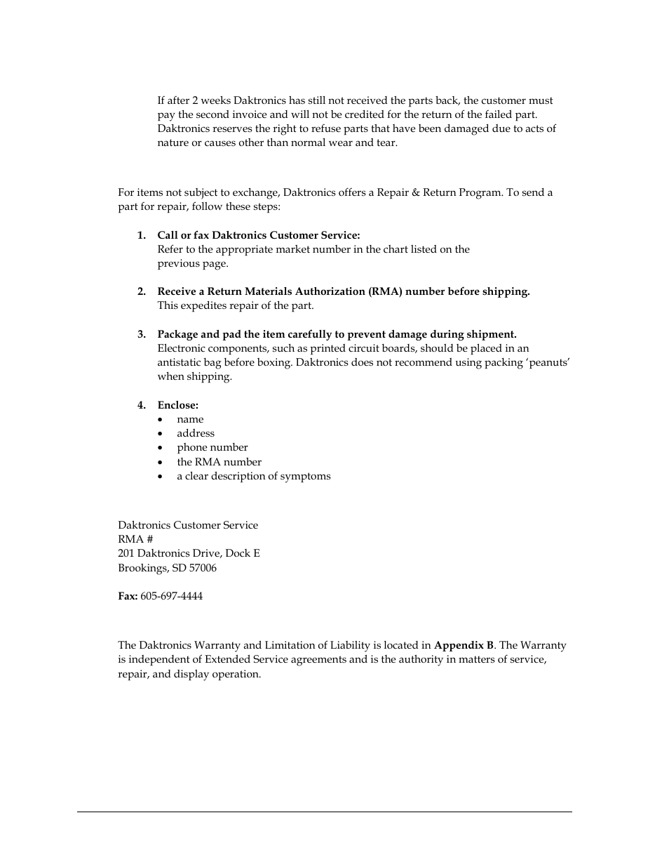 Repair & return program, Shipping address, Daktronics warranty and limitation of liability | Daktronics BB-114 Portable LED Basketball Scoreboard User Manual | Page 18 / 28