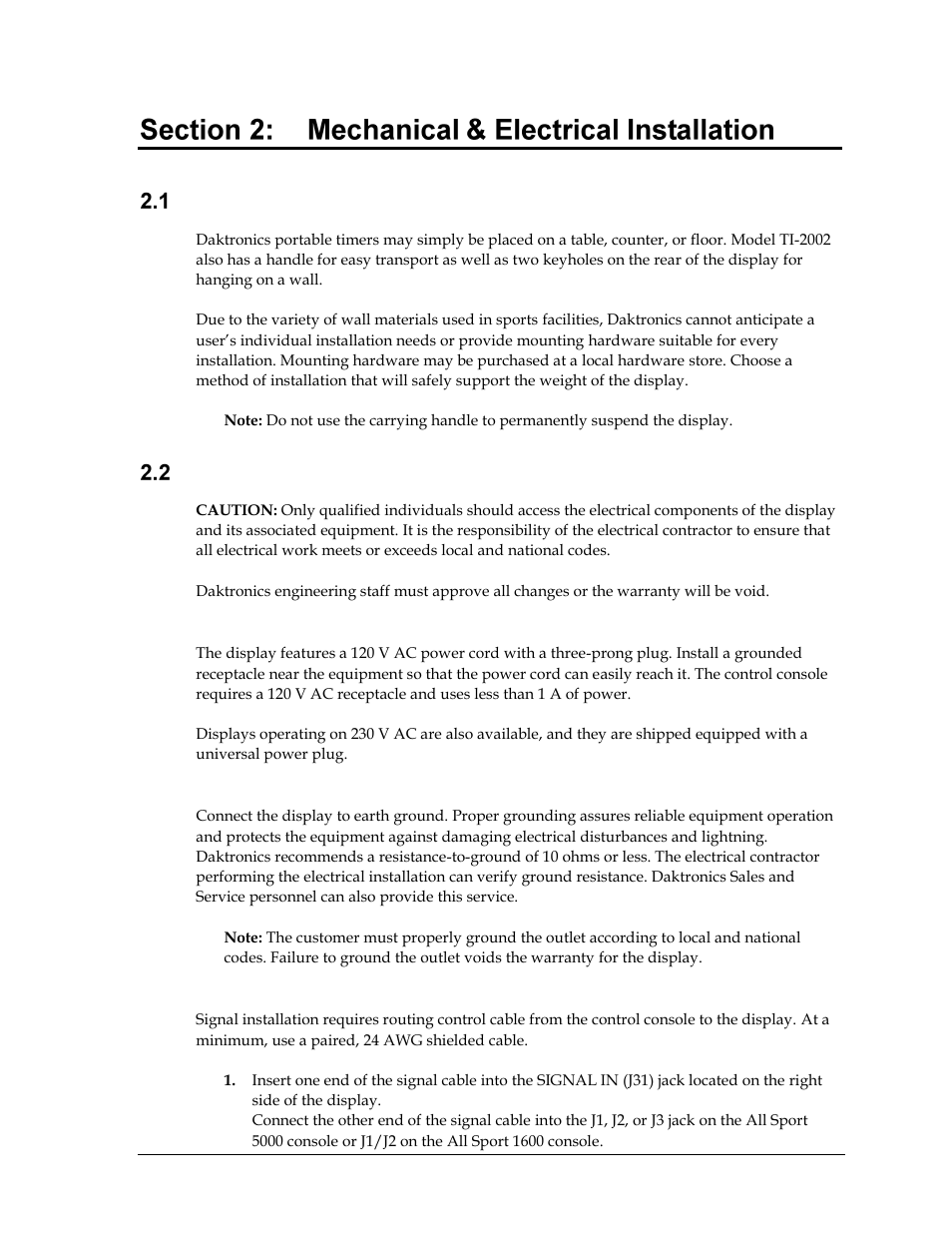 Mechanical & electrical installation, Mechanical installation, Electrical installation | Power, Grounding, Signal connection, Section 2 | Daktronics TI-2002 Portable LED Timer User Manual | Page 11 / 32