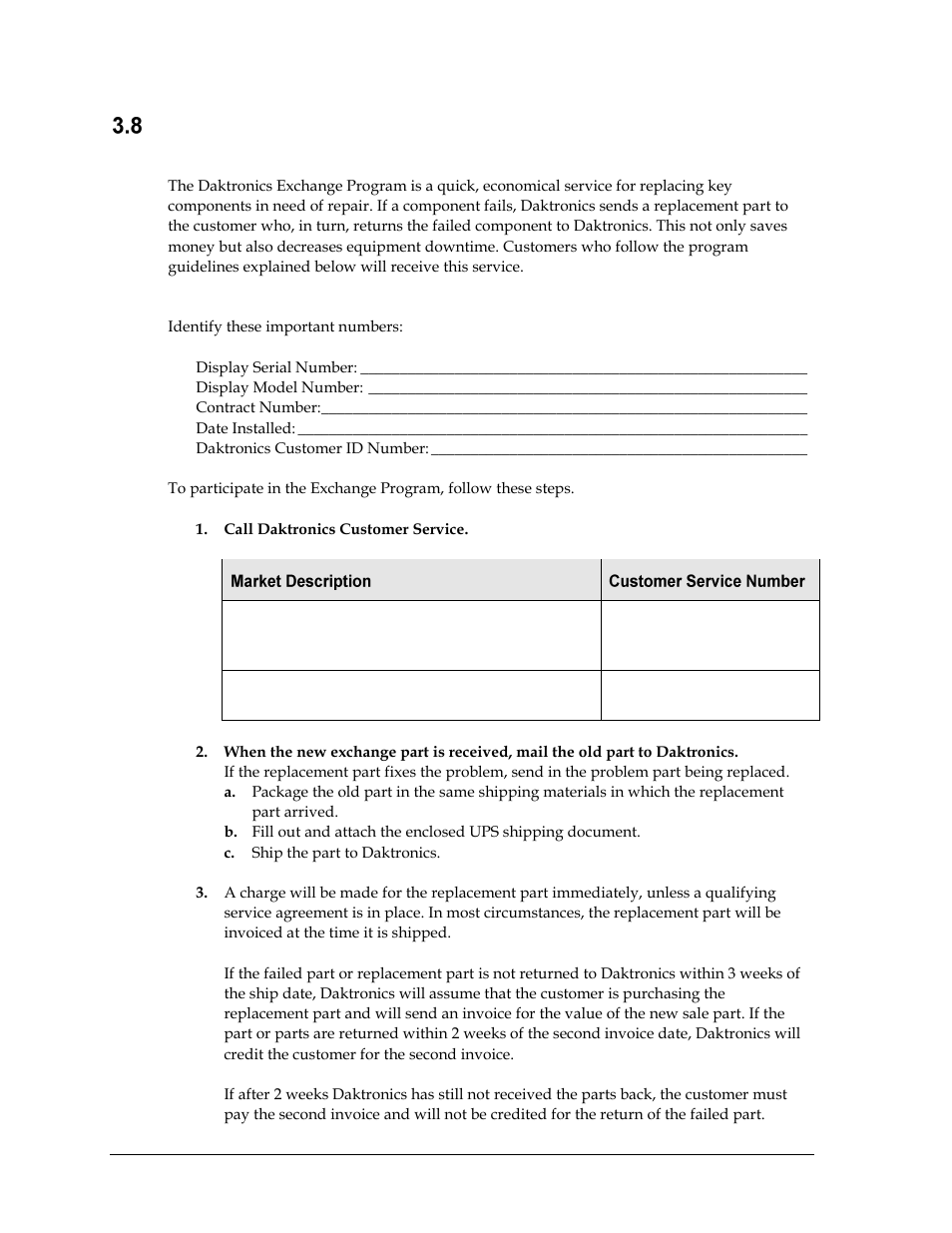 Daktronics exchange and repair & return programs, Exchange program, Before contacting daktronics | Daktronics TI-2002 Portable LED Timer User Manual | Page 18 / 32