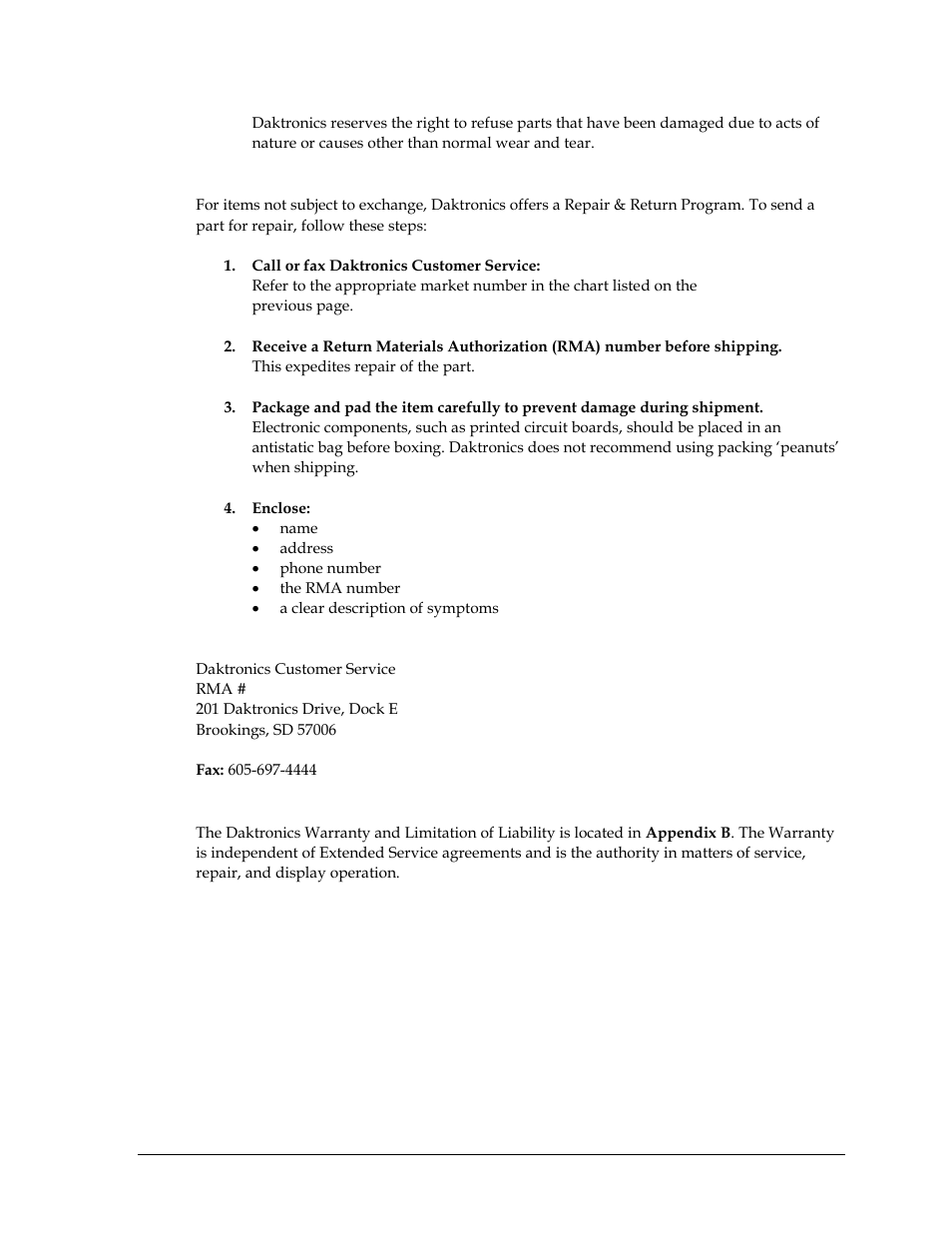 Repair & return program, Shipping address, Daktronics warranty and limitation of liability | Daktronics TI-2002 Portable LED Timer User Manual | Page 19 / 32