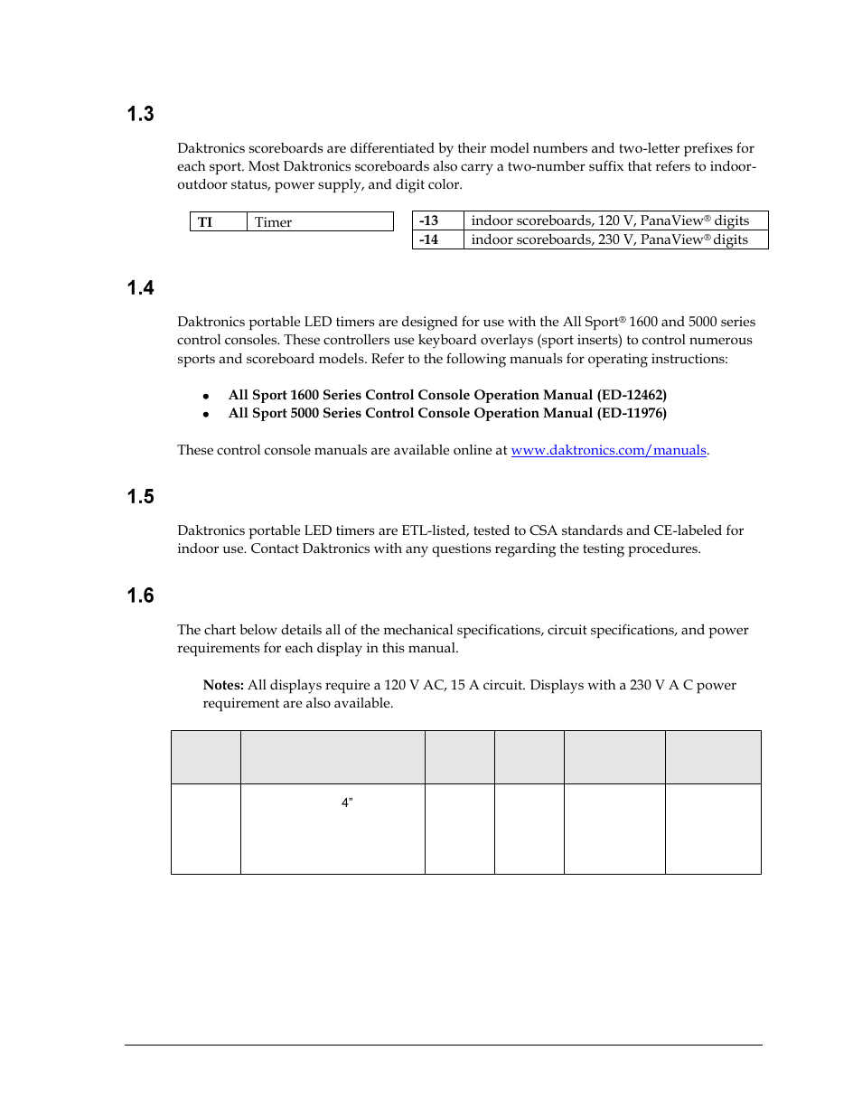 Model number, Scoreboard controllers, Product safety approval | Specifications | Daktronics TI-2002 Portable LED Timer User Manual | Page 9 / 32