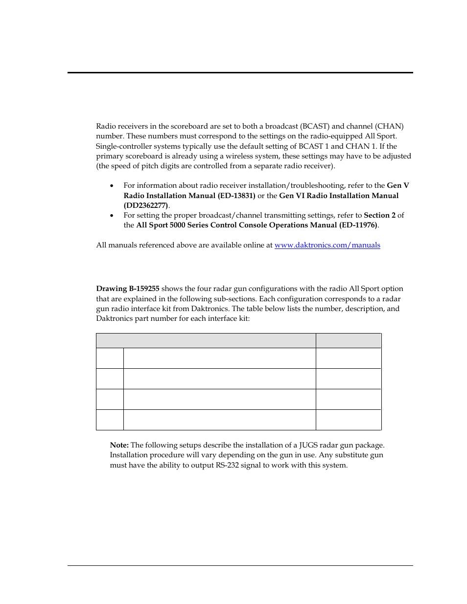 Section 4: radio speed of pitch configurations, 1 radio settings, 2 interface configurations | Section 4, Radio speed of pitch configurations, Radio settings, Interface configurations | Daktronics Radar Gun Speed of Pitch Interface User Manual | Page 15 / 27