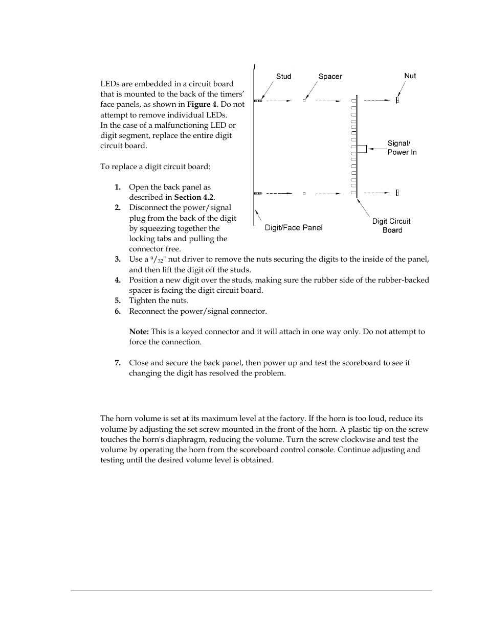 3 replacing digits, 4 adjusting the horn volume, Replacing digits | Adjusting the horn volume | Daktronics TI-2025 Segment Timer User Manual | Page 15 / 28