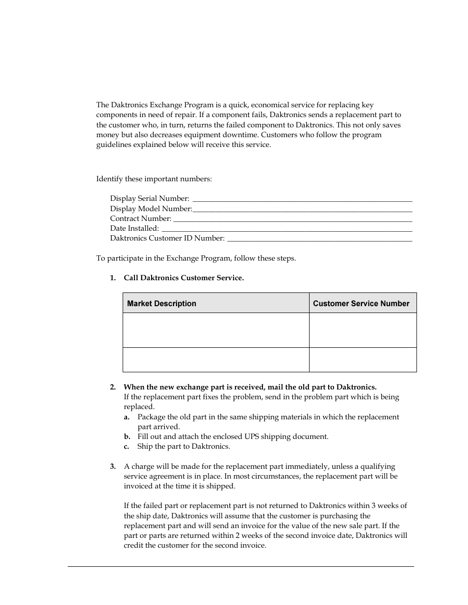 6 daktronics exchange and repair & return programs, Exchange program, Before contacting daktronics | Daktronics exchange and repair & return programs | Daktronics TI-2025 Segment Timer User Manual | Page 17 / 28