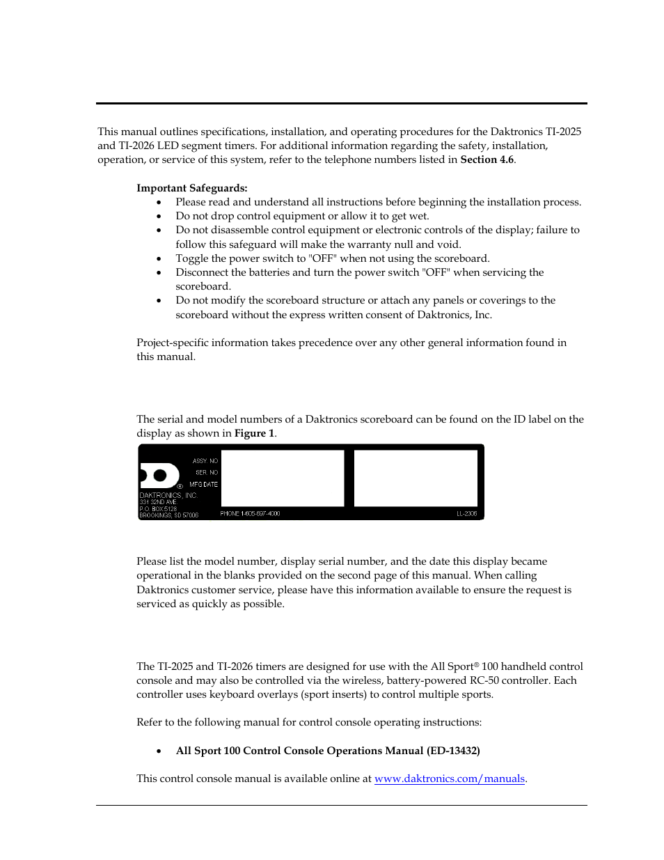 Section 1: introduction, 1 scoreboard label, 2 scoreboard controllers | Section 1, Introduction, Scoreboard label, Scoreboard controllers | Daktronics TI-2025 Segment Timer User Manual | Page 7 / 28