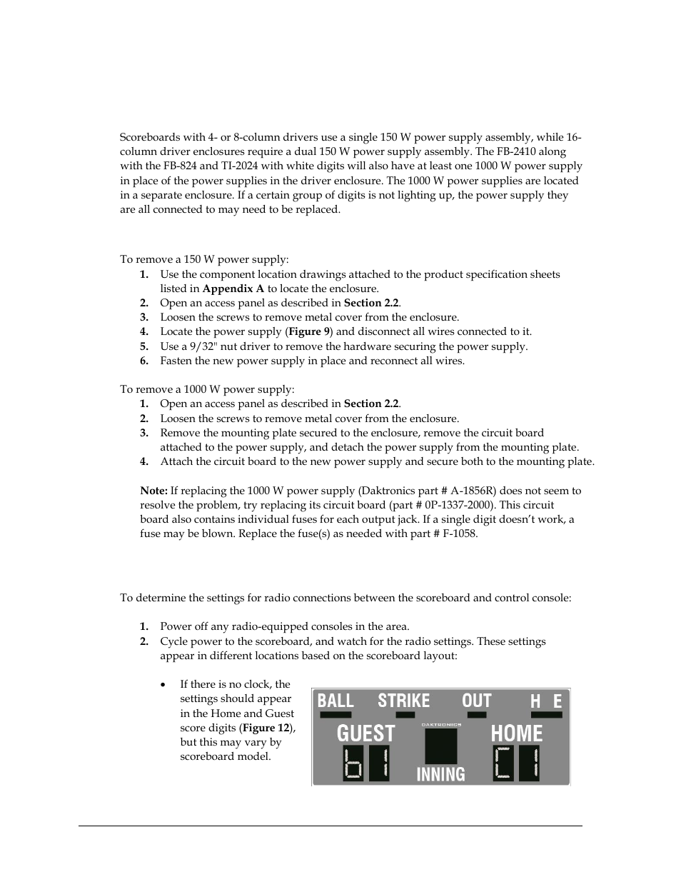 7 power supplies, Replacing a power supply, 8 radio connections | Power supplies, Radio connections, On 2.8 ), N 2.7 ) | Daktronics Single-Section Outdoor LED Scoreboards User Manual | Page 18 / 46