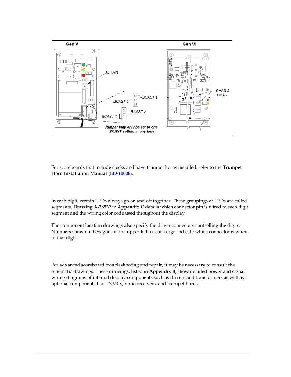 9 trumpet horns, 10 segmentation and digit designation, 11 schematics | Trumpet horns, Segmentation and digit designation, Schematics, Figure 16 | Daktronics Single-Section Outdoor LED Scoreboards User Manual | Page 20 / 46