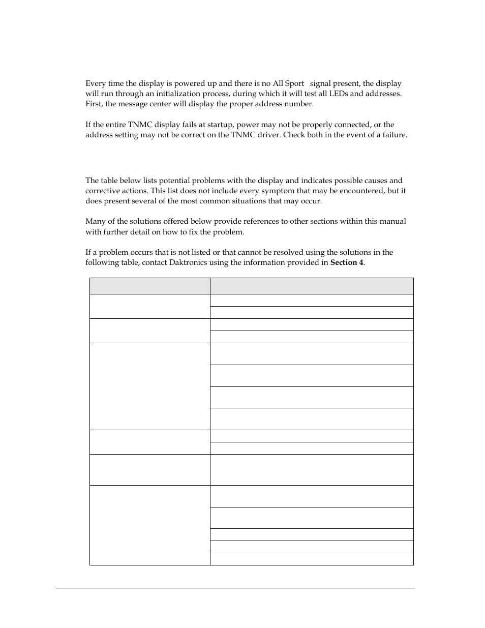 2 initialization information at startup, 3 tnmc troubleshooting table, Initialization information at startup | Tnmc troubleshooting table | Daktronics Single-Section Outdoor LED Scoreboards User Manual | Page 24 / 46