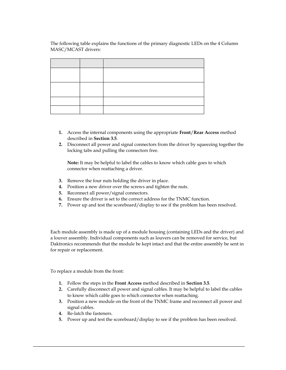 Diagnostic leds, Replacing a driver, 7 modules | Replacing modules, Modules, N 3.7 | Daktronics Single-Section Outdoor LED Scoreboards User Manual | Page 30 / 46