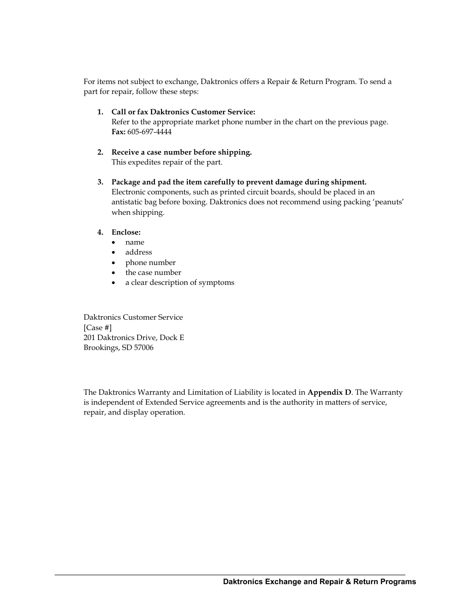 2 repair & return program, Shipping address, 3 daktronics warranty and limitation of liability | Repair & return program, Daktronics warranty and limitation of liability | Daktronics Single-Section Outdoor LED Scoreboards User Manual | Page 36 / 46