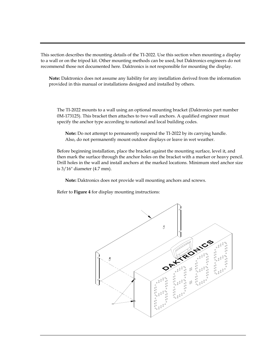 Section 2: mechanical installation, 1 wall mounting, Section 2 | Mechanical installation, Wall mounting | Daktronics TI-2022 Portable LED Timer User Manual | Page 11 / 32