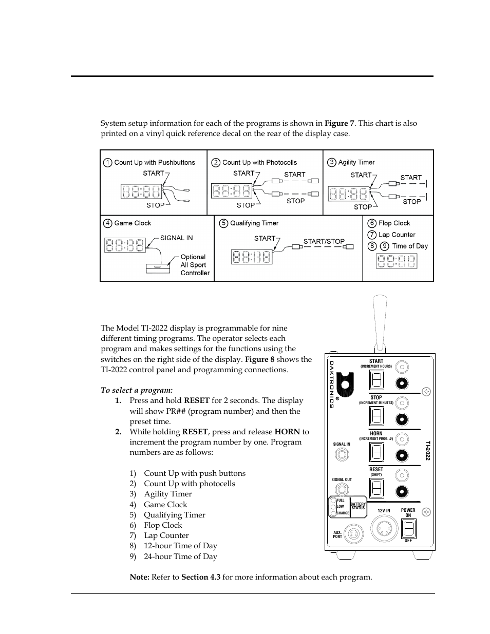 Section 4: controls and timing functions, 1 system setup, 2 program selection | Section 4, Controls and timing functions, System setup, Program selection | Daktronics TI-2022 Portable LED Timer User Manual | Page 15 / 32