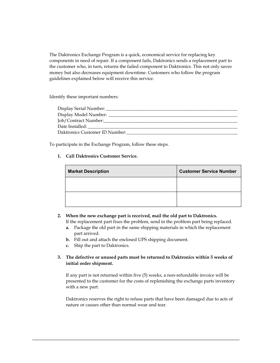 6 daktronics exchange and repair & return programs, Exchange program, Before contacting daktronics | Daktronics exchange and repair & return programs | Daktronics TI-2022 Portable LED Timer User Manual | Page 22 / 32