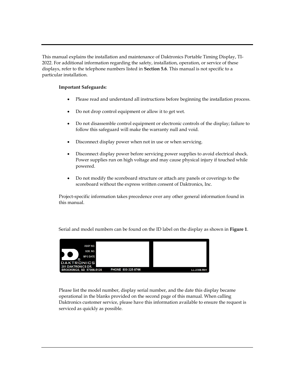 Section 1: introduction, 1 display label, Section 1 | Introduction, Display label | Daktronics TI-2022 Portable LED Timer User Manual | Page 7 / 32