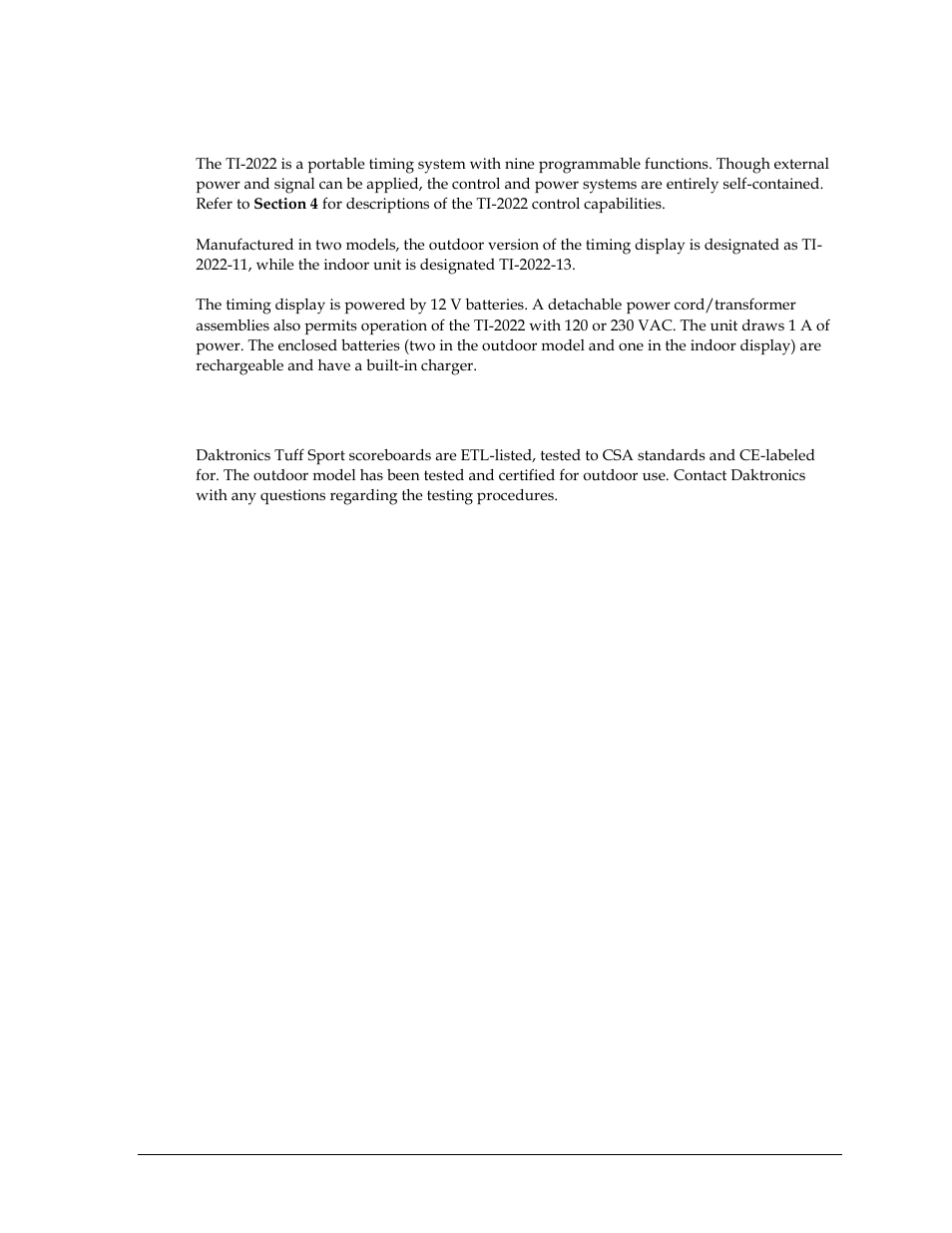 4 display overview, 5 product safety approval, Display overview | Product safety approval | Daktronics TI-2022 Portable LED Timer User Manual | Page 9 / 32