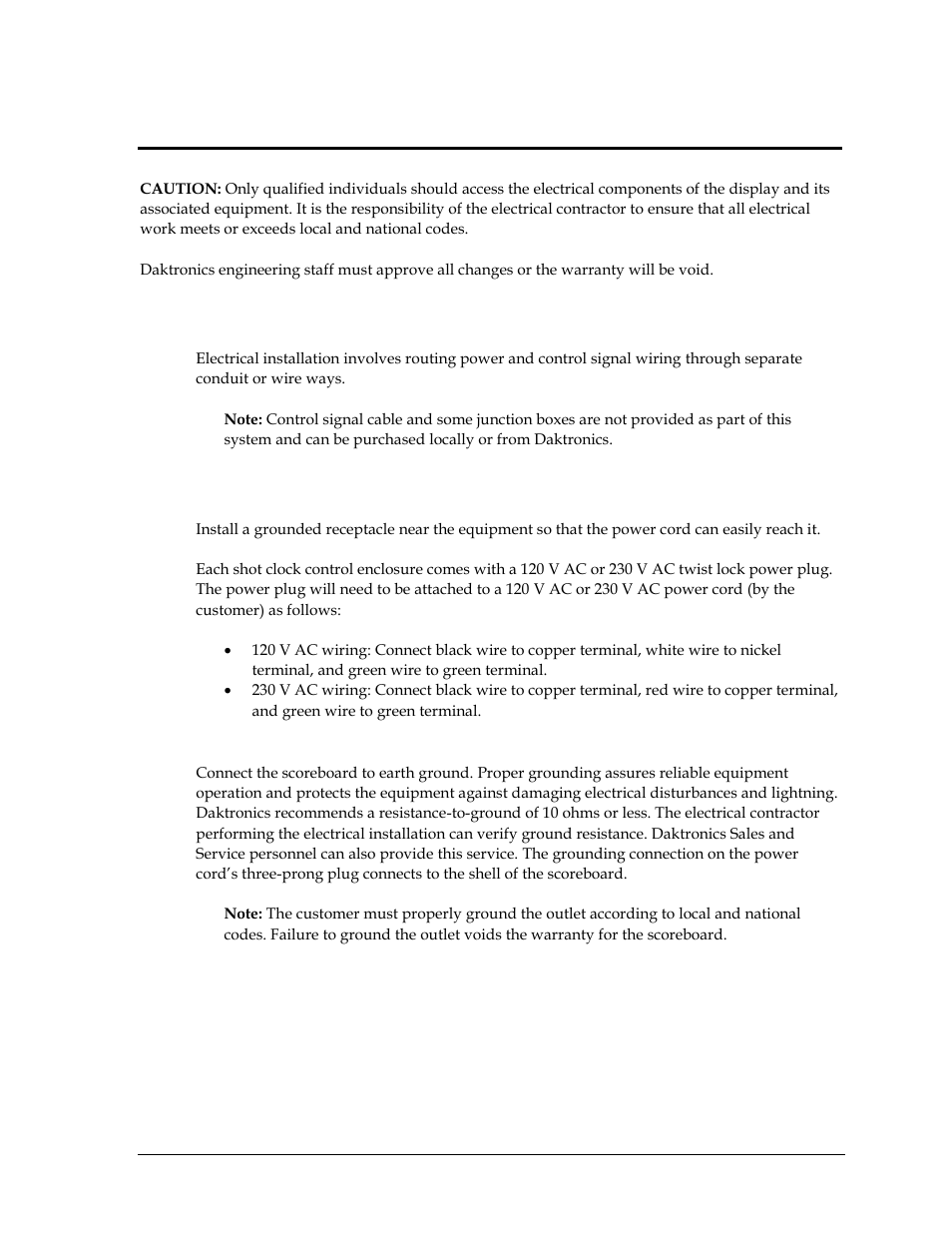 Section 4: electrical installation, 1 installation overview, 2 power | Grounding, Section 4, Electrical installation, Installation overview, Power | Daktronics BB-2140 Transparent Shot Clock User Manual | Page 15 / 48