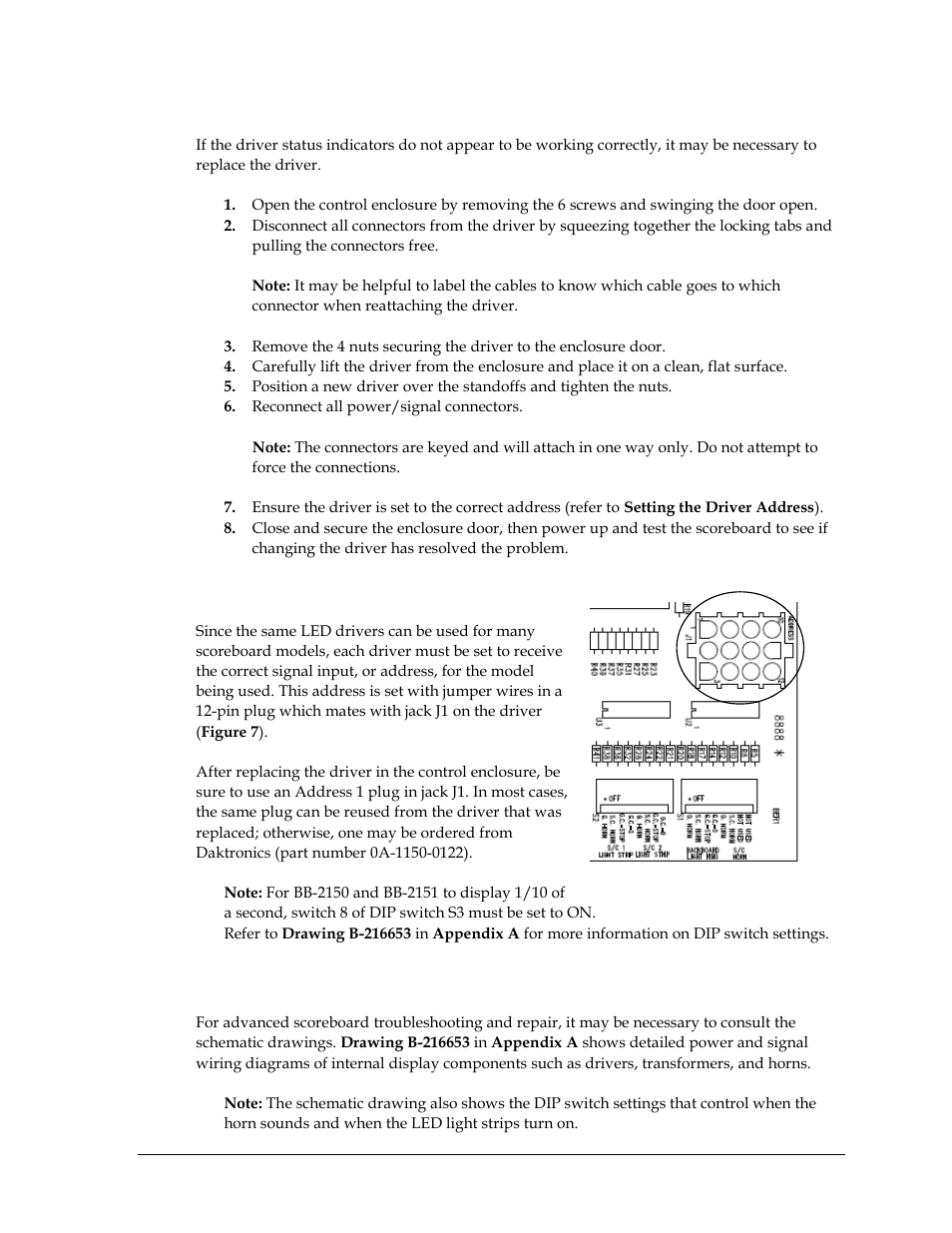 Replacing a driver, Setting the driver address, 4 schematics | Schematics | Daktronics BB-2140 Transparent Shot Clock User Manual | Page 21 / 48