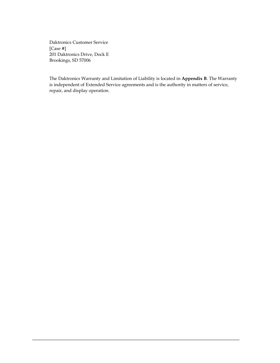 Shipping address, Daktronics warranty and limitation of liability | Daktronics BB-2140 Transparent Shot Clock User Manual | Page 24 / 48