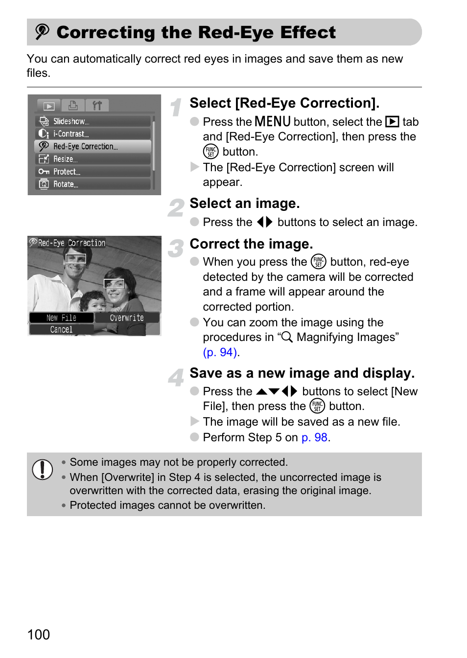 Correcting the red-eye effect, P. 100), Cannot | Select [red-eye correction, Select an image, Correct the image, Save as a new image and display | Canon A2100 IS User Manual | Page 100 / 131