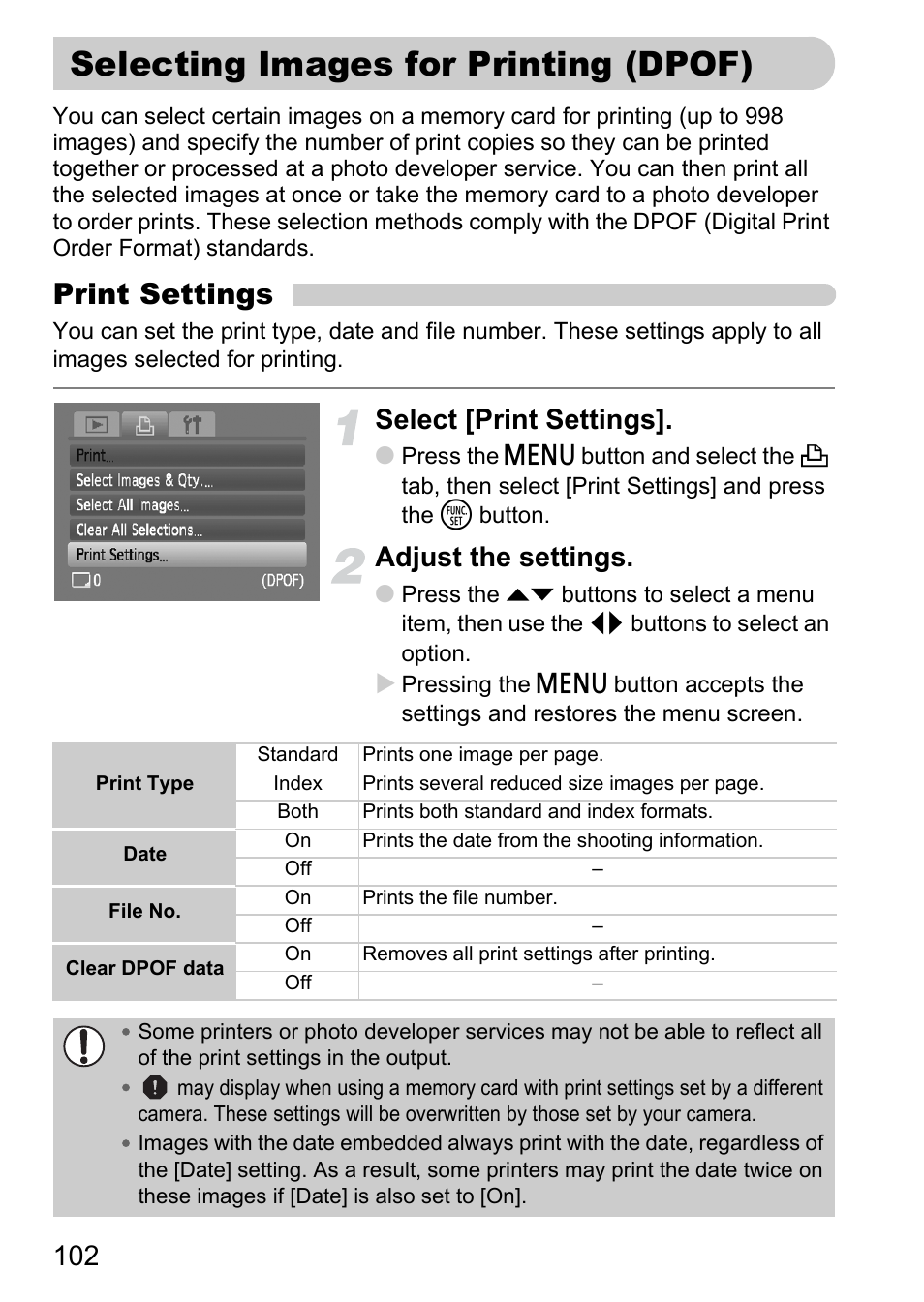 Selecting images for printing (dpof), P. 102), Print settings | Select [print settings, Adjust the settings | Canon A2100 IS User Manual | Page 102 / 131