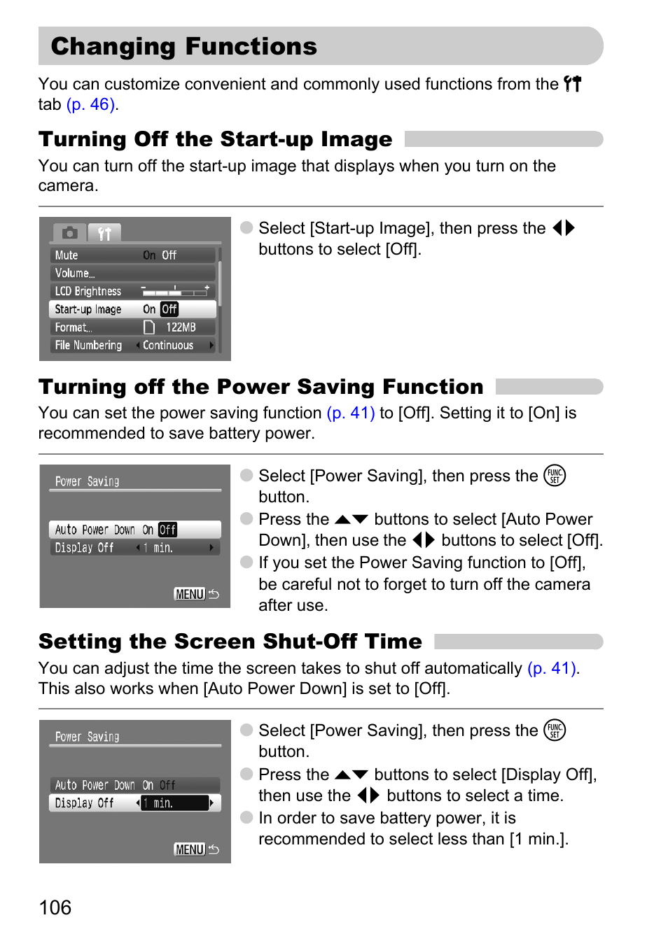 Changing functions, P. 106), Display off | Turning off the start-up image, Turning off the power saving function, Setting the screen shut-off time | Canon A2100 IS User Manual | Page 106 / 131