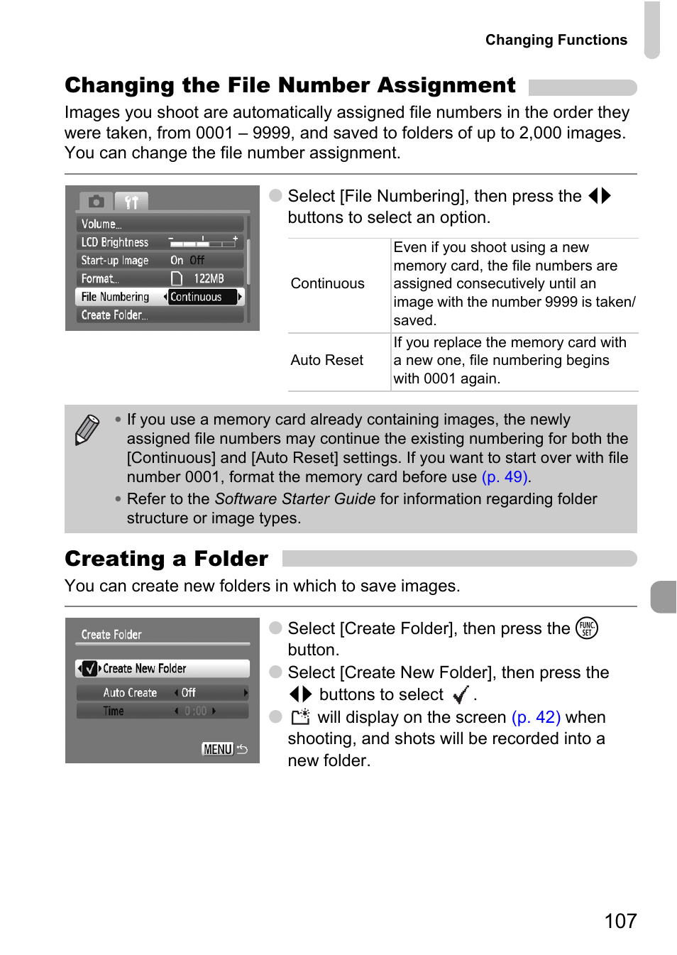 Te folder, P. 107), Changing the file number assignment | Creating a folder | Canon A2100 IS User Manual | Page 107 / 131