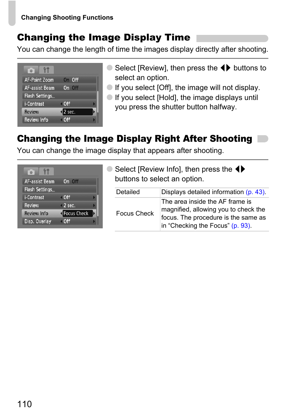 Changing the image display time, Changing the image display right after shooting | Canon A2100 IS User Manual | Page 110 / 131