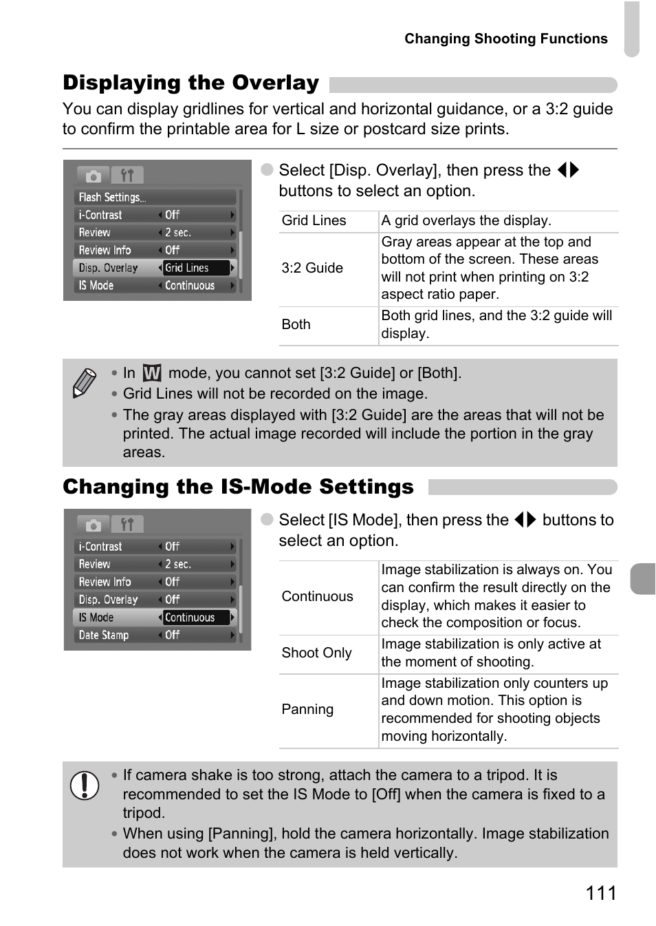 Overlay, P. 111), Ge stabilizer | Displaying the overlay, Changing the is-mode settings | Canon A2100 IS User Manual | Page 111 / 131