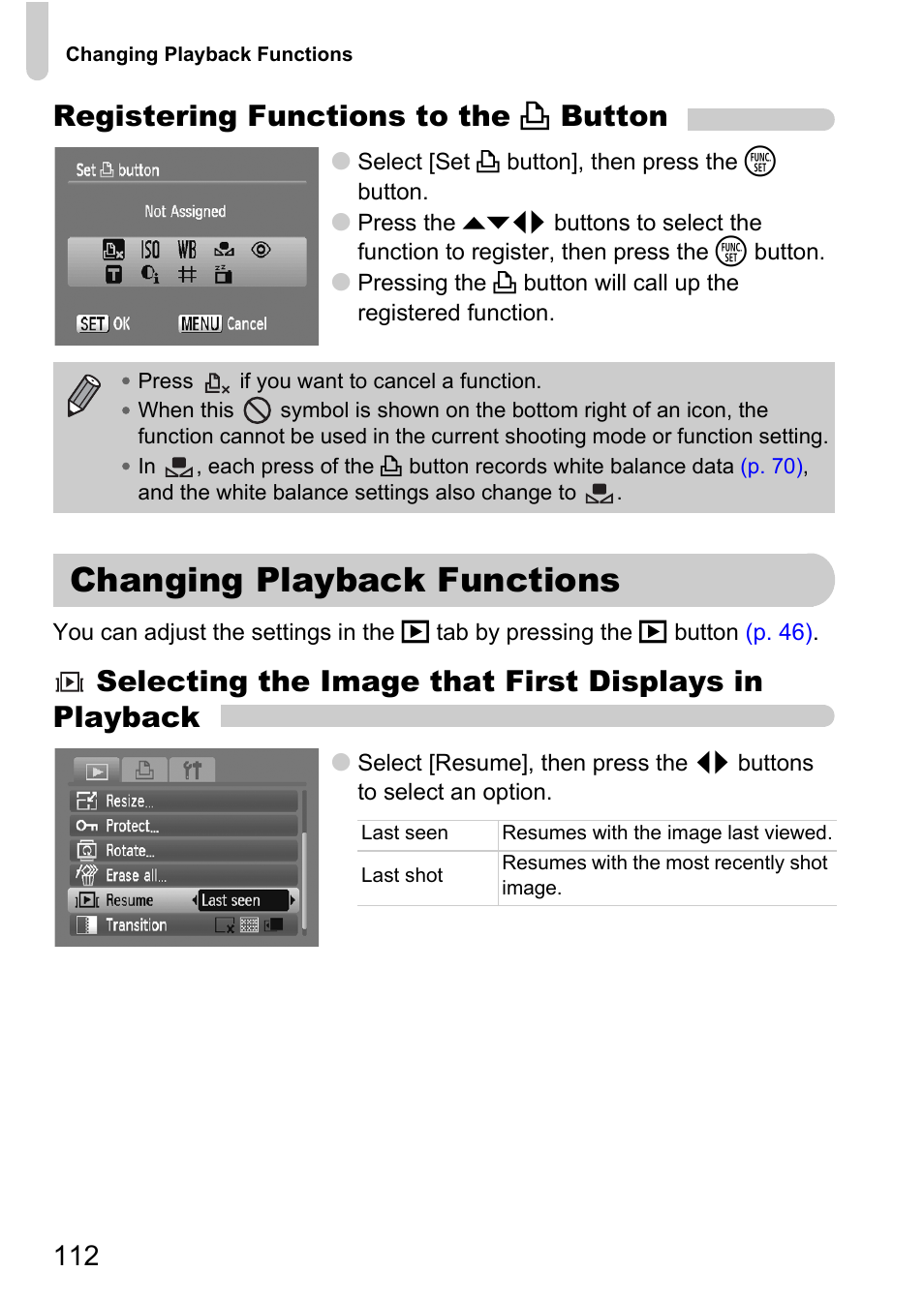 Changing playback functions, P. 112), Registering functions to the c button | Canon A2100 IS User Manual | Page 112 / 131
