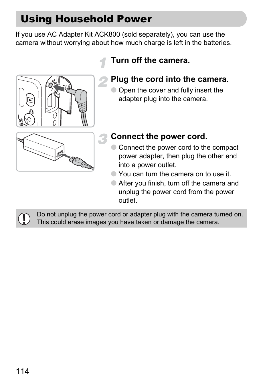 Using household power, Terminal, P. 114) | Canon A2100 IS User Manual | Page 114 / 131
