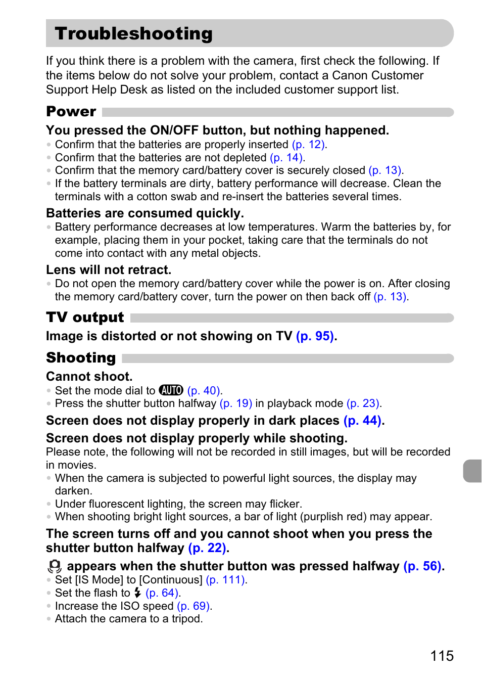 Troubleshooting, Power, Tv output | Shooting | Canon A2100 IS User Manual | Page 115 / 131