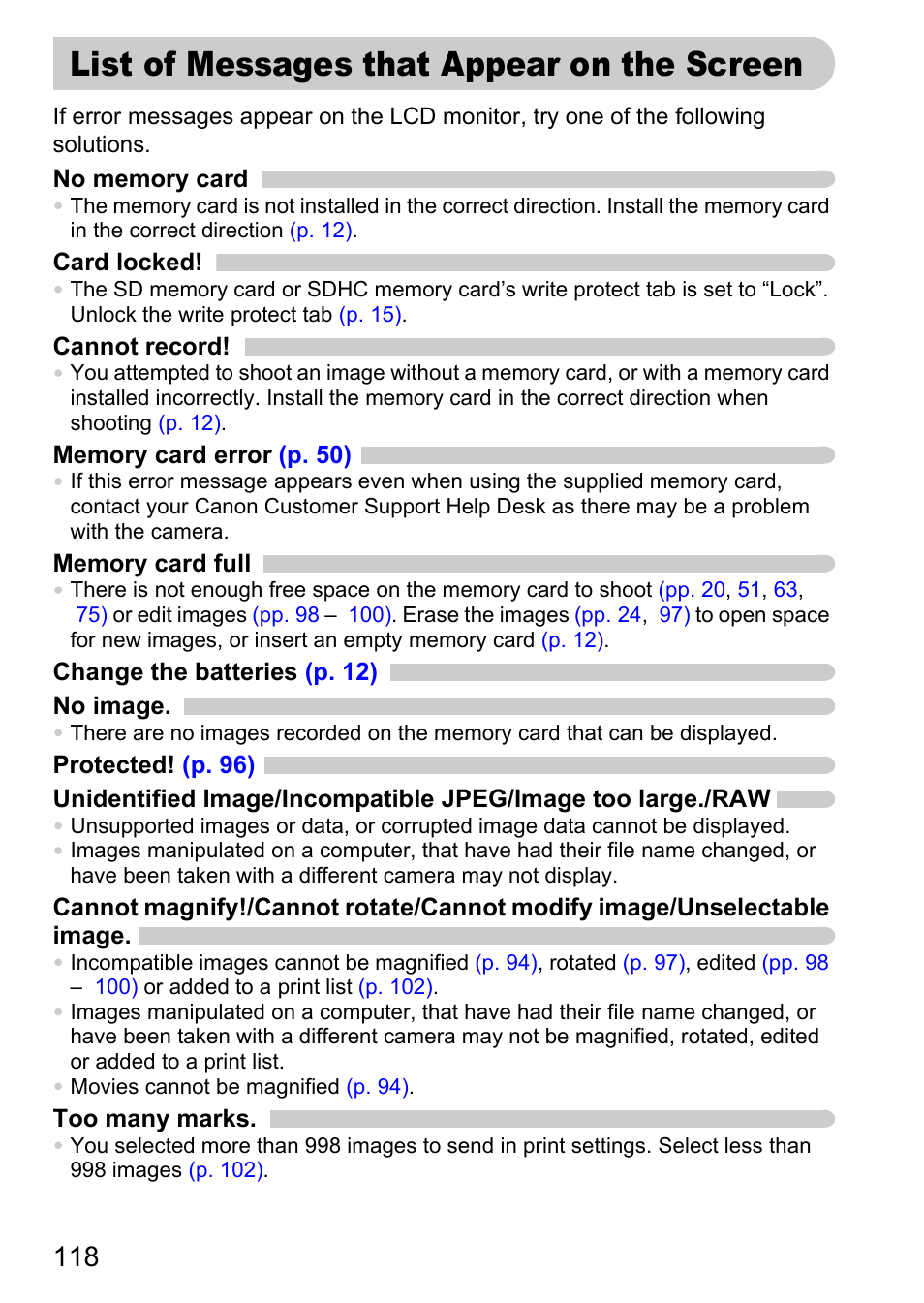 List of messages that appear on the screen | Canon A2100 IS User Manual | Page 118 / 131