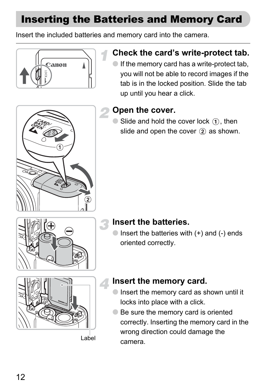 Inserting the batteries and memory card | Canon A2100 IS User Manual | Page 12 / 131