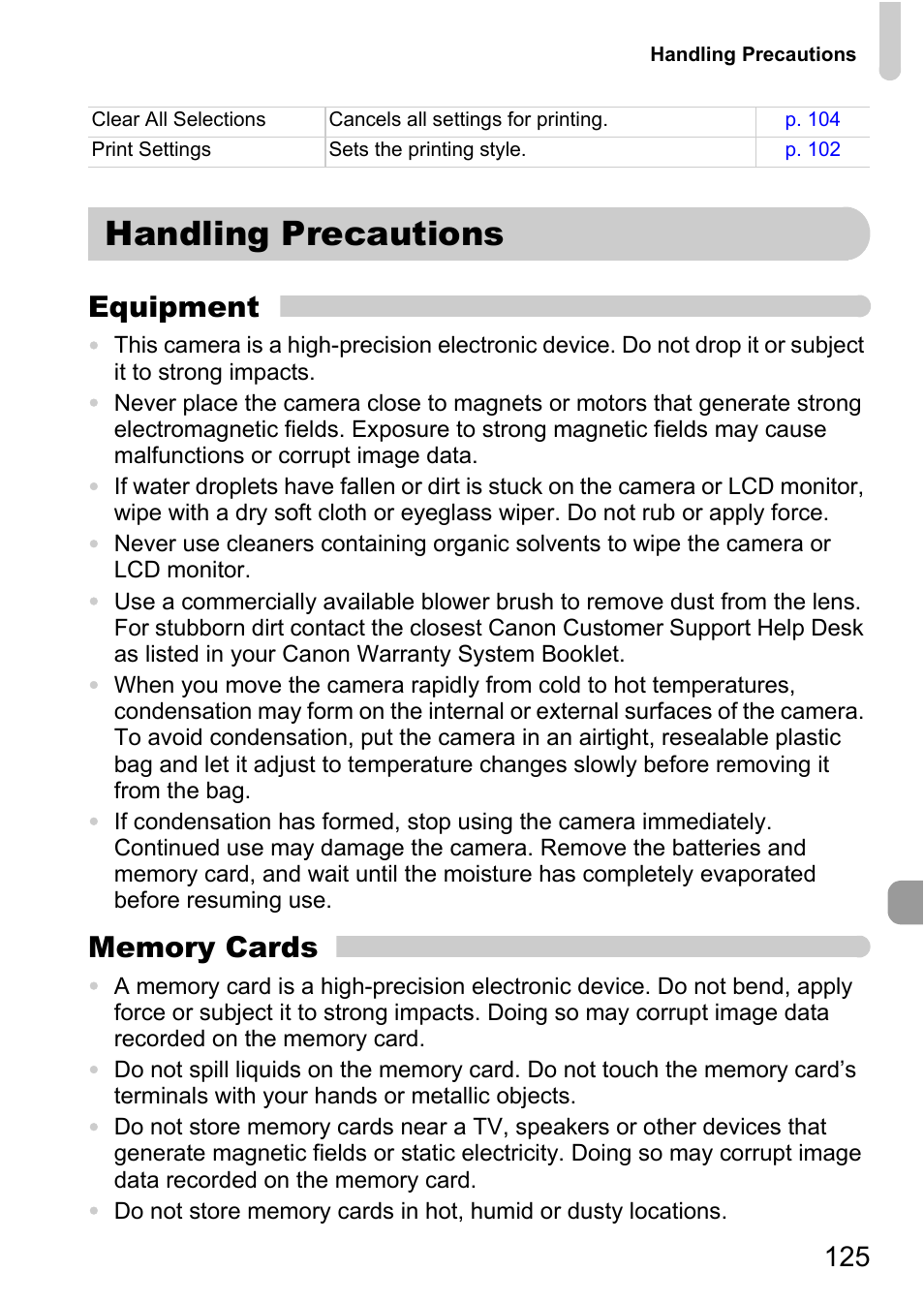 Handling precautions, Equipment | Canon A2100 IS User Manual | Page 125 / 131