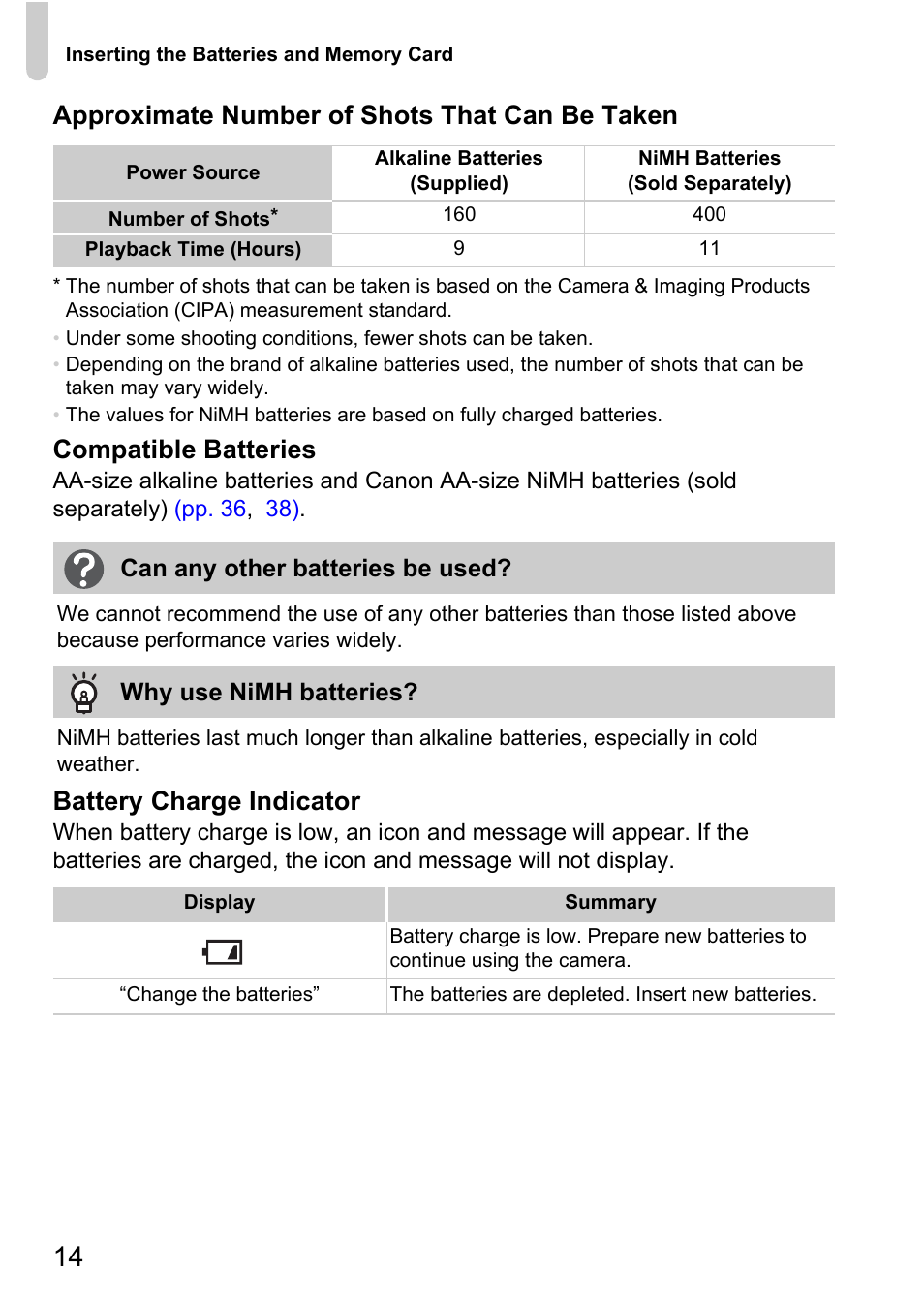 Approximate number of shots that can be taken, Compatible batteries, Battery charge indicator | Canon A2100 IS User Manual | Page 14 / 131