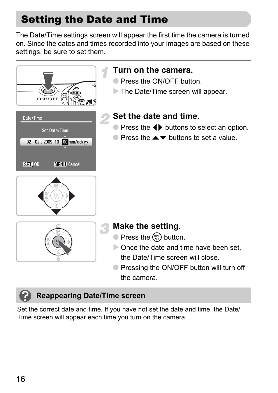 Setting the date and time, Turn on the camera, Set the date and time | Make the setting | Canon A2100 IS User Manual | Page 16 / 131