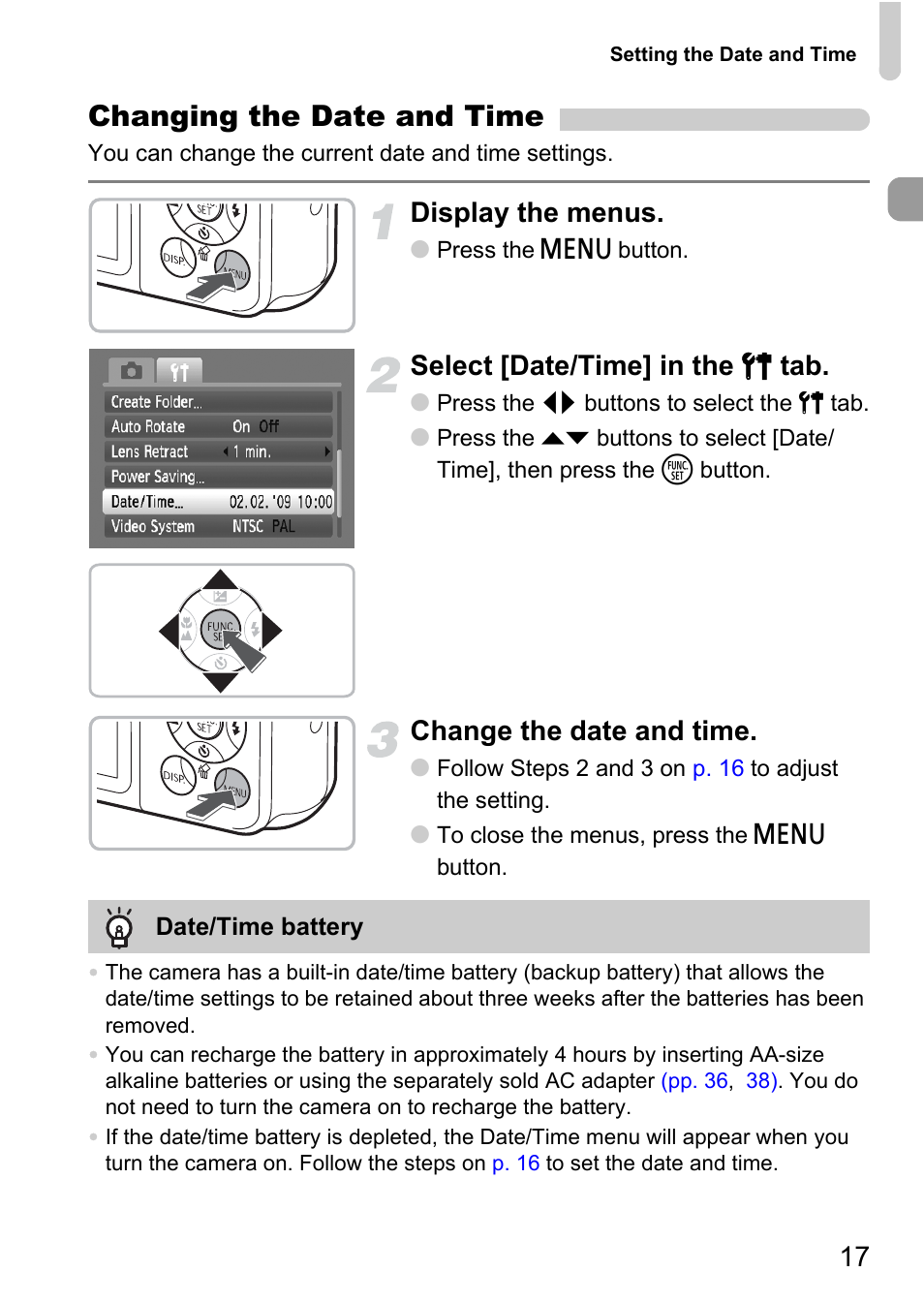 Changing the date and time, Display the menus, Select [date/time] in the 3 tab | Change the date and time | Canon A2100 IS User Manual | Page 17 / 131