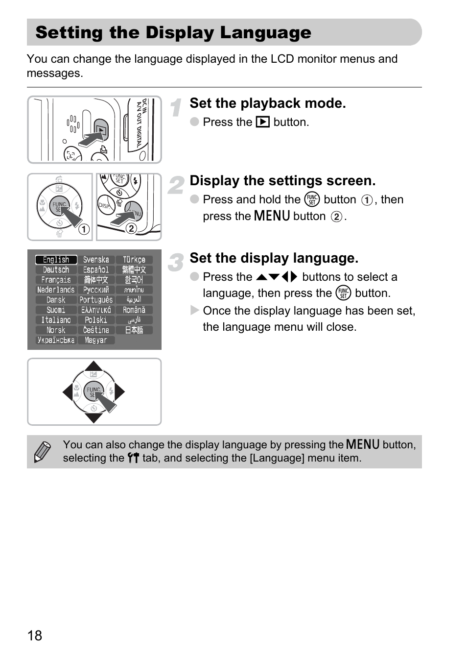 Setting the display language, Set the playback mode, Display the settings screen | Set the display language | Canon A2100 IS User Manual | Page 18 / 131