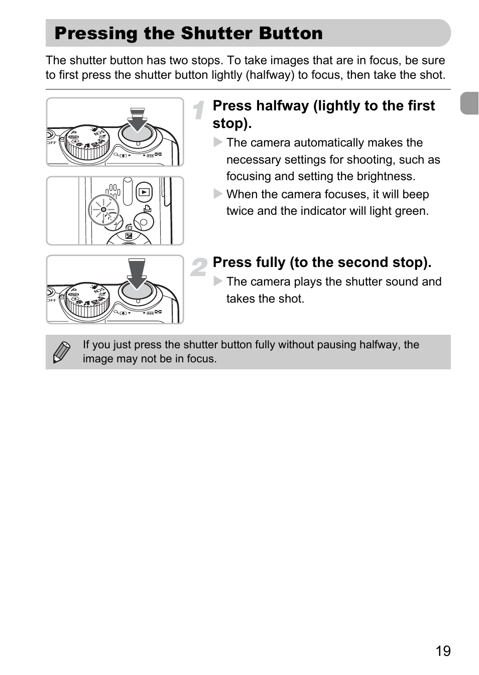 Pressing the shutter button | Canon A2100 IS User Manual | Page 19 / 131