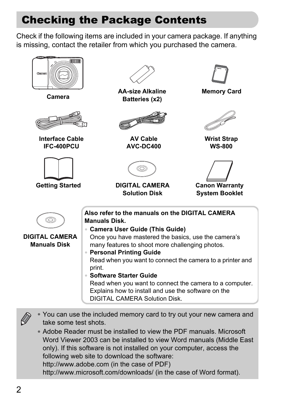 Checking the package contents | Canon A2100 IS User Manual | Page 2 / 131
