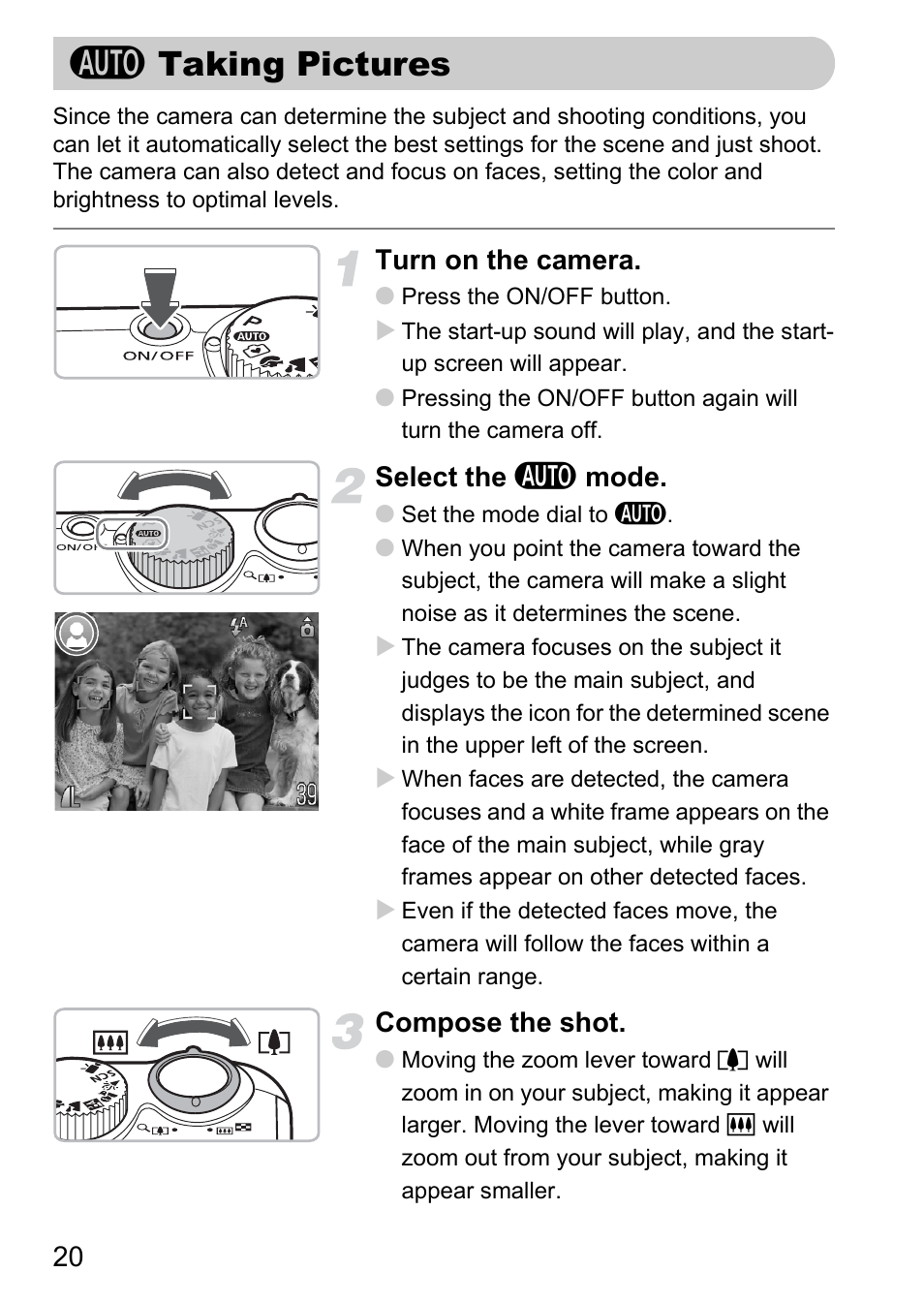 Taking pictures, A taking pictures, Turn on the camera | Select the a mode, Compose the shot | Canon A2100 IS User Manual | Page 20 / 131
