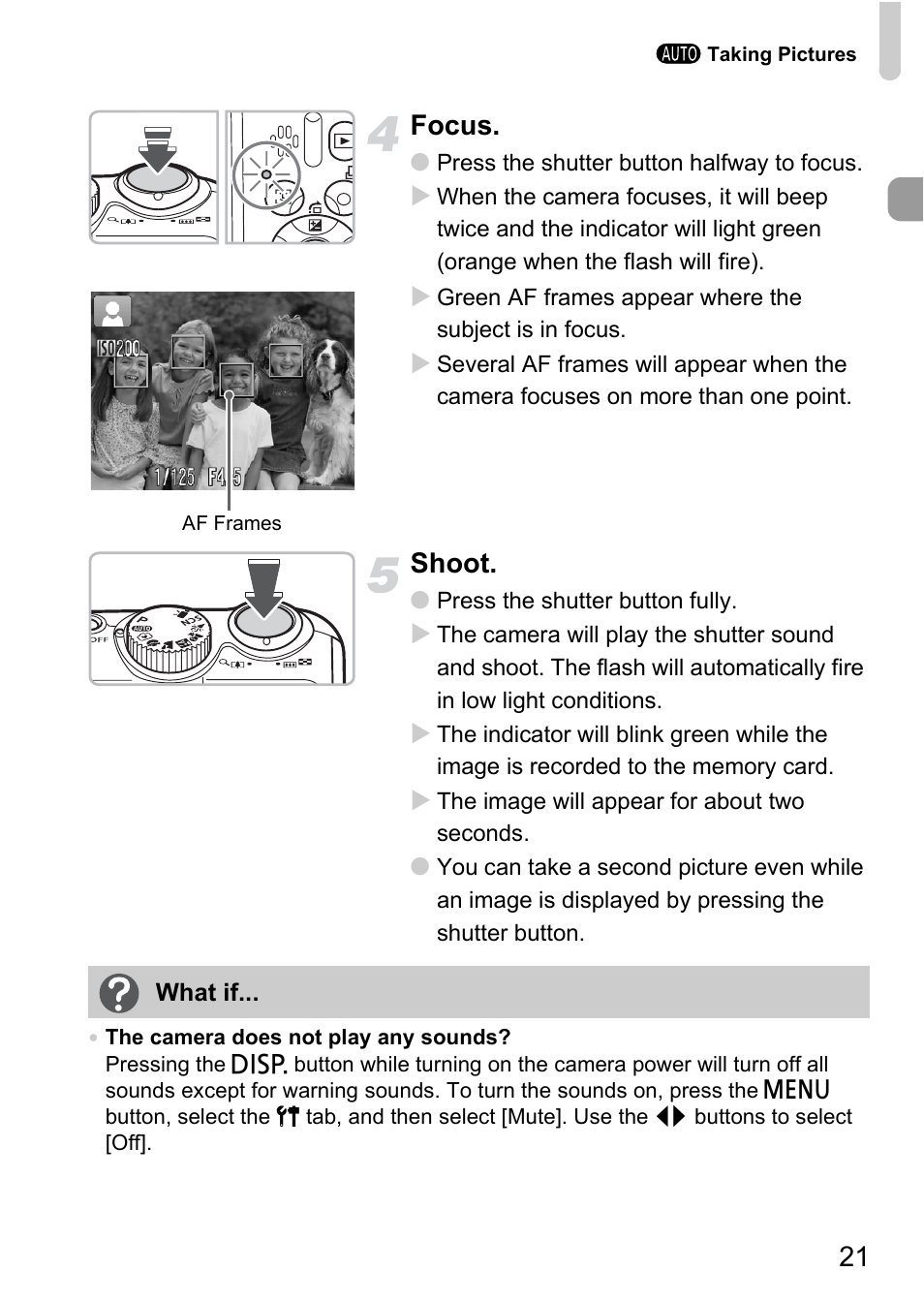 21 focus, Shoot | Canon A2100 IS User Manual | Page 21 / 131