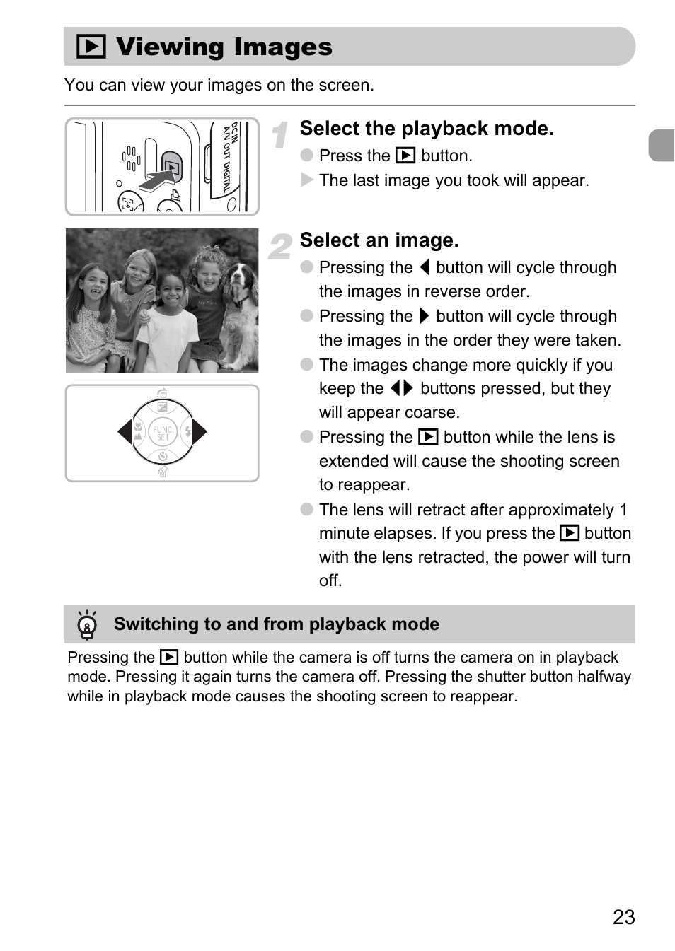 Viewing images, 1 viewing images, Select the playback mode | Select an image | Canon A2100 IS User Manual | Page 23 / 131