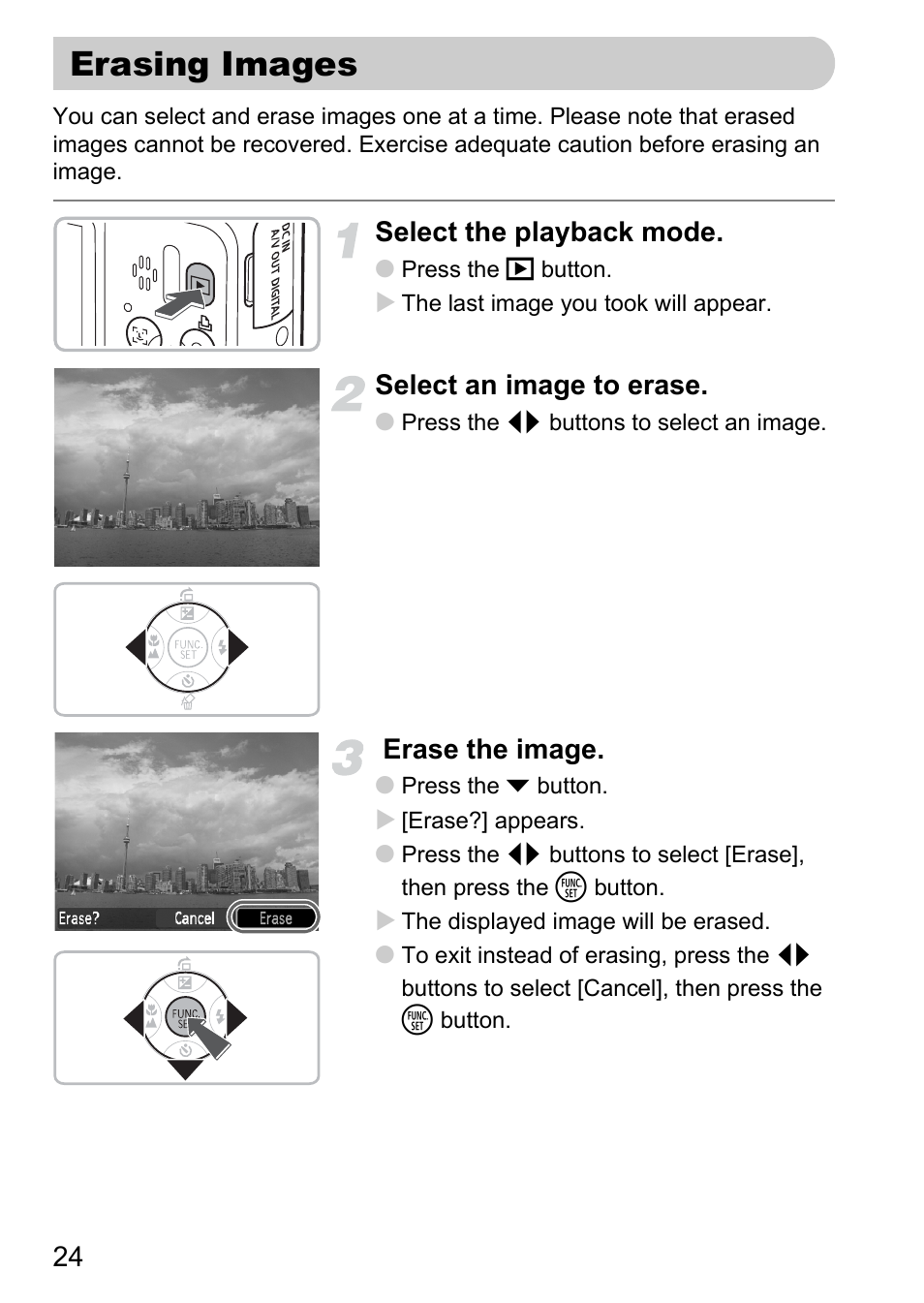 Erasing images, Select the playback mode, Select an image to erase | Erase the image | Canon A2100 IS User Manual | Page 24 / 131